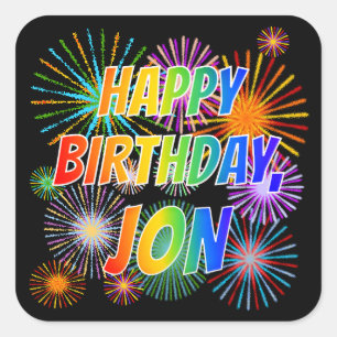 Adesivo Quadrado Primeiro nome "JON", Diversão "FELIZ ANIVERSÁRIO"
