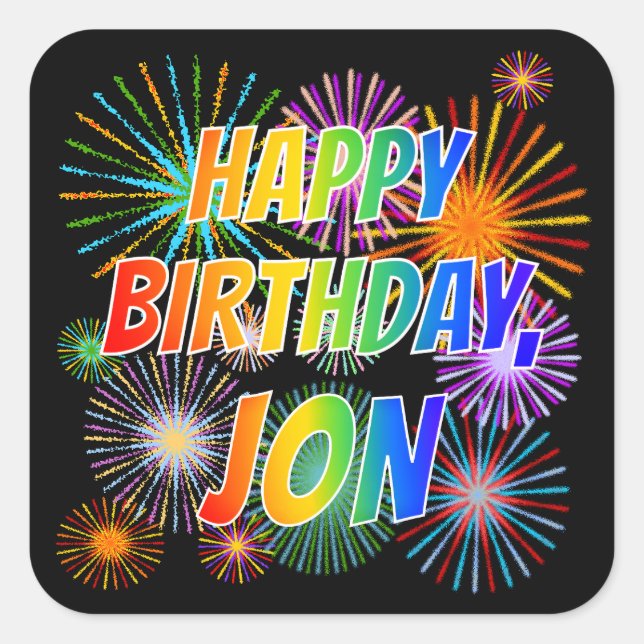 Adesivo Quadrado Primeiro nome "JON", Diversão "FELIZ ANIVERSÁRIO" (Frente)