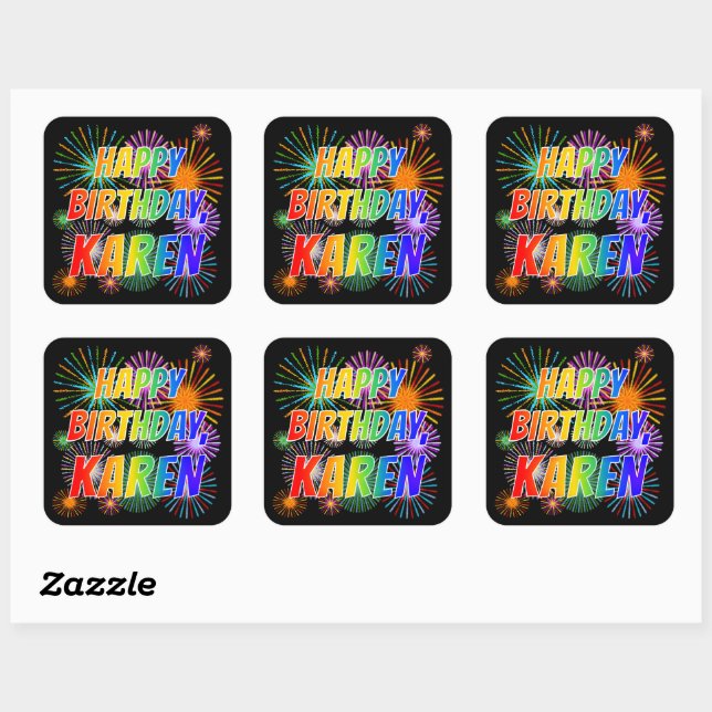 Adesivo Quadrado Primeiro nome "KAREN", Diversão "FELIZ ANIVERSÁRIO (Folha)