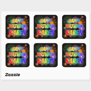 Adesivo Quadrado Primeiro nome "KAREN", "FELIZ ANIVERSÁRIO"