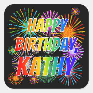 Adesivo Quadrado Primeiro nome "KATHY", Diversão "FELIZ ANIVERSÁRIO