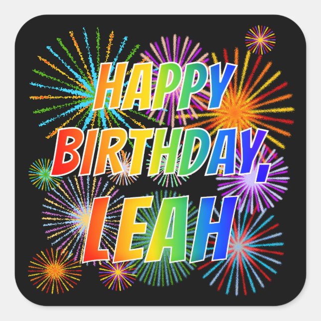 Adesivo Quadrado Primeiro nome "LEAH", Diversão "FELIZ ANIVERSÁRIO" (Frente)