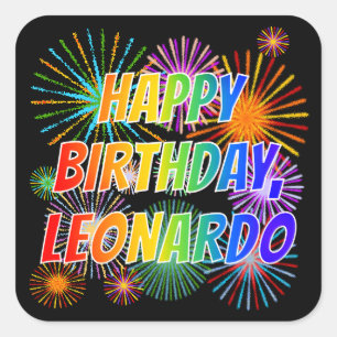 Adesivo Quadrado Primeiro nome "LEONARDO", "FELIZ ANIVERSÁRIO"