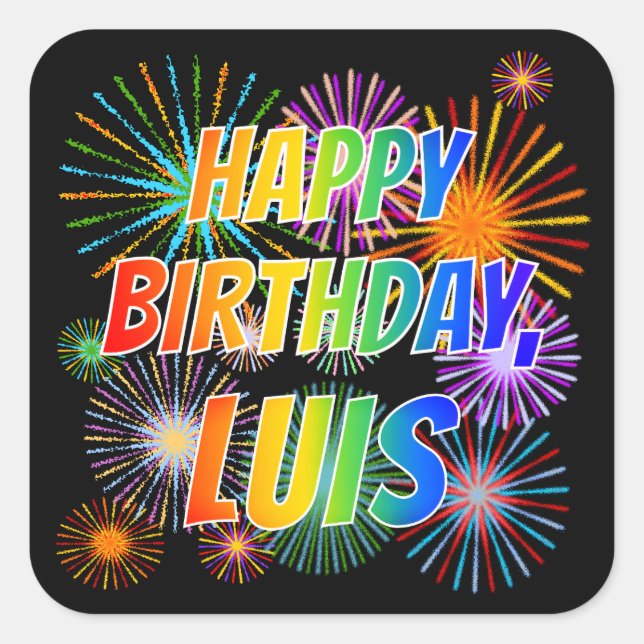 Adesivo Quadrado Primeiro nome "LUIS", Diversão "FELIZ ANIVERSÁRIO" (Frente)