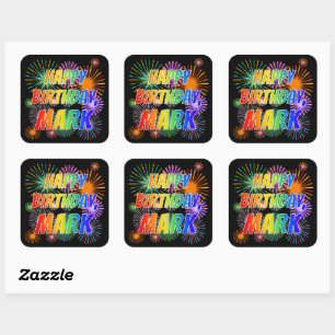 Adesivo Quadrado Primeiro nome "MARK", "FELIZ ANIVERSÁRIO"