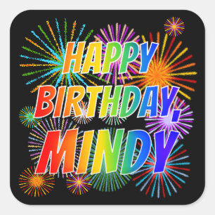 Adesivo Quadrado Primeiro nome "MINDY", Diversão "FELIZ ANIVERSÁRIO