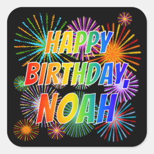Adesivo Quadrado Primeiro nome "NOAH", Diversão "FELIZ ANIVERSÁRIO"