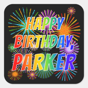 Adesivo Quadrado Primeiro nome "PARKER", "FELIZ ANIVERSÁRIO"