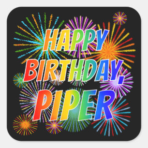 Adesivo Quadrado Primeiro nome "PIPER", "FELIZ ANIVERSÁRIO"