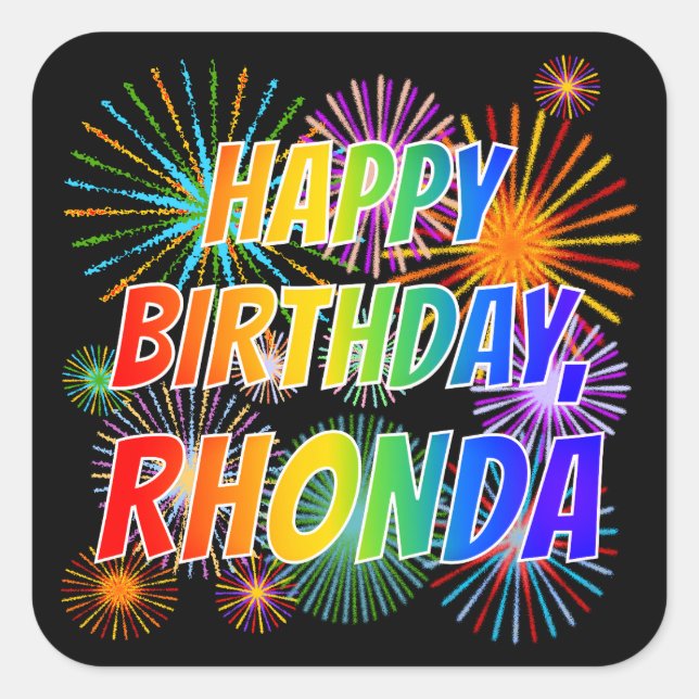 Adesivo Quadrado Primeiro nome "RHONDA", Diversão "FELIZ ANIVERSÁRI (Frente)