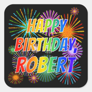 Adesivo Quadrado Primeiro nome "ROBERT", "FELIZ ANIVERSÁRIO"