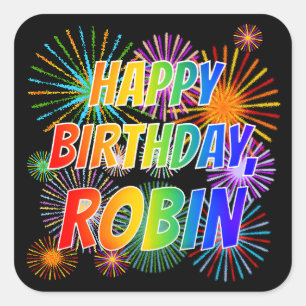 Adesivo Quadrado Primeiro nome "ROBIN", Diversão "FELIZ ANIVERSÁRIO