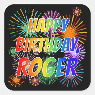 Adesivo Quadrado Primeiro nome "ROGER", Diversão "FELIZ ANIVERSÁRIO