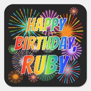 Adesivo Quadrado Primeiro nome "RUBY", "FELIZ ANIVERSÁRIO"