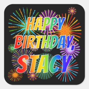 Adesivo Quadrado Primeiro nome "STACY", Diversão "FELIZ ANIVERSÁRIO