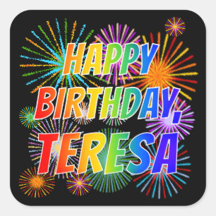 Adesivo Quadrado Primeiro nome "TERESA", Diversão "FELIZ ANIVERSÁRI