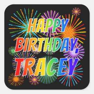 Adesivo Quadrado Primeiro nome "TRACEY", Diversão "FELIZ ANIVERSÁRI