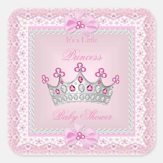 Adesivo Quadrado Princesa Chá de fraldas Rosa Gem Silver Tiara (Frente)