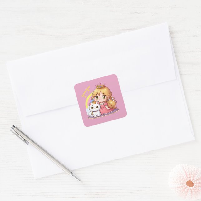 Adesivo Quadrado Princesa Cuta Personalizável com Gato Branco (Envelope)