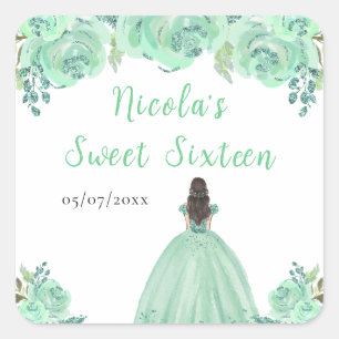 Adesivo Quadrado Princesa de Cabelo Castanho Mint Floral Sweet Sixt