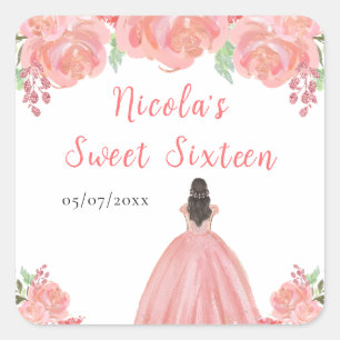 Adesivo Quadrado Princesa de Cabelo Castanho Pink Floral Sweet Sixt