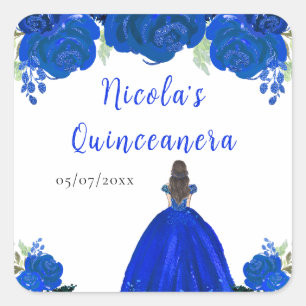 Adesivo Quadrado Princesa de Cabelo Castanho Quinceanera Floral Azu