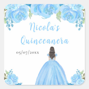Adesivo Quadrado Princesa de Cabelo Castanho Quinceanera Floral Azu