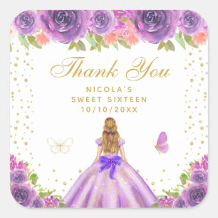 Adesivo Quadrado Princesa de Cabelo Loiro com Florais Roxos Sweet S