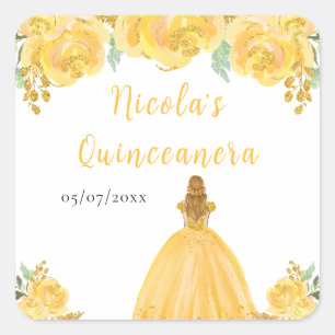 Adesivo Quadrado Princesa de Cabelo Loiro Floral Dourado Quinceaner
