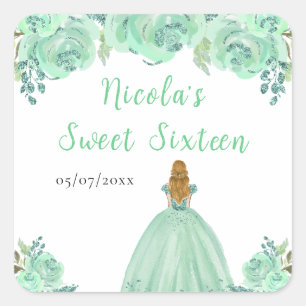 Adesivo Quadrado Princesa de Cabelo Loiro Floral Mint Sweet Sixteen