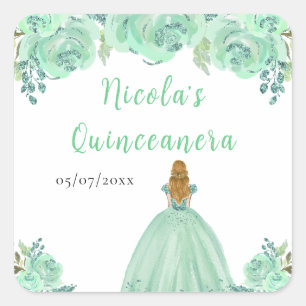 Adesivo Quadrado Princesa de Cabelo Loiro Mint Floral Quinceanera