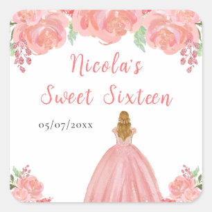 Adesivo Quadrado Princesa de Cabelo Loiro Pink Floral Sweet Sixteen