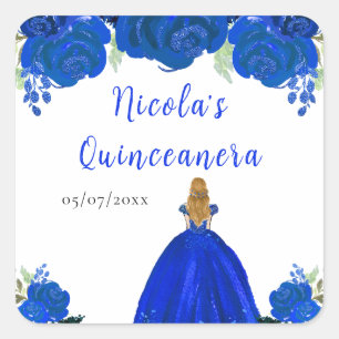 Adesivo Quadrado Princesa de Cabelo Loiro Quinceanera Floral Azul
