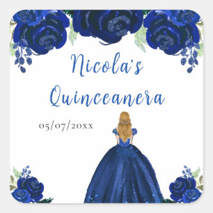 Adesivo Quadrado Princesa de Cabelo Loiro Quinceanera Floral Naval