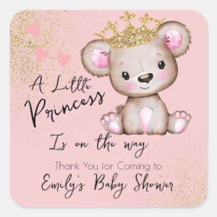Adesivo Quadrado Princesa de Chuva de Bebê Urso Rosa Brilhante