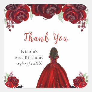 Adesivo Quadrado Princesa de Pele Escura Floral Vermelho Aniversári