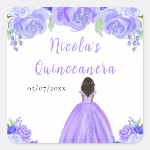 Adesivo Quadrado Princesa de Pele Escura Quinceanera Floral Roxa