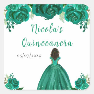 Adesivo Quadrado Princesa de Pele Escura Quinceanera Floral Verde