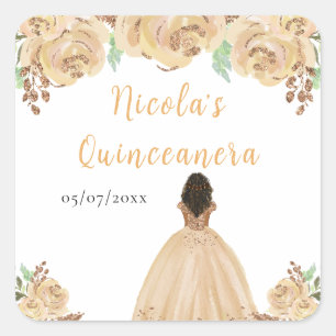 Adesivo Quadrado Princesa de Pele Escuro Floral Quinceanera