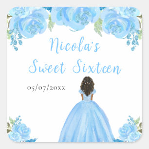 Adesivo Quadrado Princesa de Pele Morena Azul Floral Sweet Sixteen