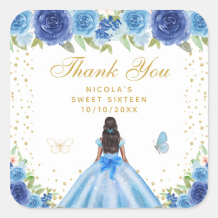 Adesivo Quadrado Princesa de Pele Morena Floral Azul Sweet Sixteen