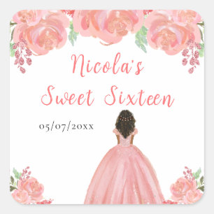 Adesivo Quadrado Princesa de Pele Morena Rosa Floral Sweet Sixteen