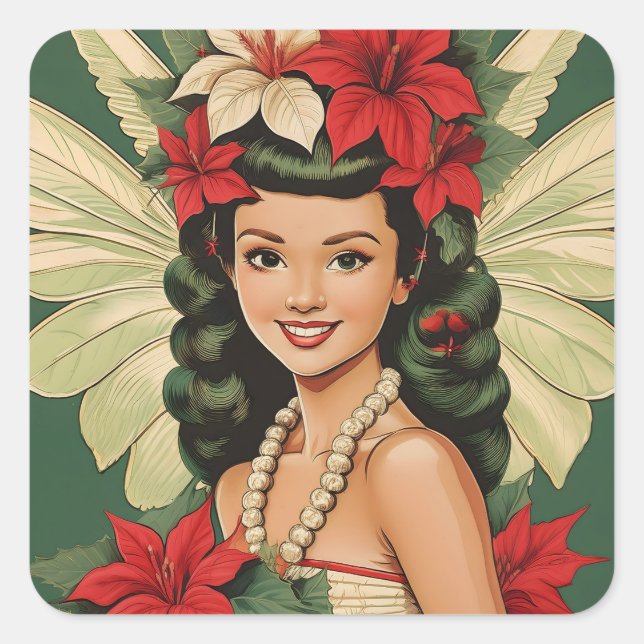 Adesivo Quadrado Princesa do Natal Tropical Retro dos Anos 50 (Frente)