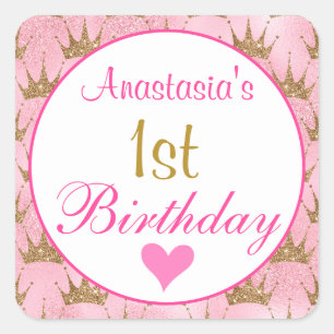 Adesivo Quadrado Princesa Feminina Rosa e Dourado Brilho 1º Anivers