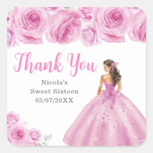 Adesivo Quadrado Princesa Floral em um Vestido Rosa Sweet Sixteen 