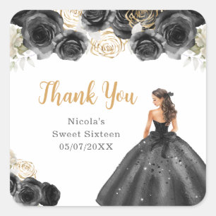 Adesivo Quadrado Princesa Floral em Vestido Preto Sweet Sixteen