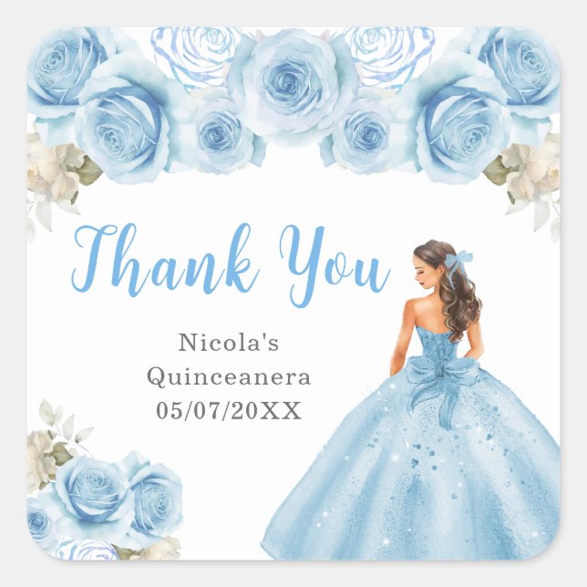 Adesivo Quadrado Princesa no Vestido Azul Quinceanera Obrigado (Frente)