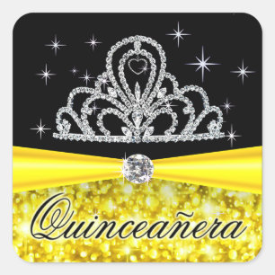 Adesivo Quadrado Princesa preta amarela Tiara Quinceanera Bling