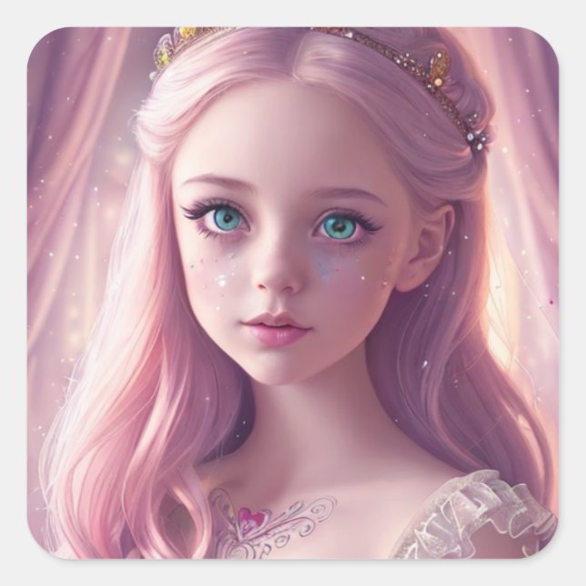Adesivo Quadrado Princesa Rosa bonito com Faíscas (Frente)