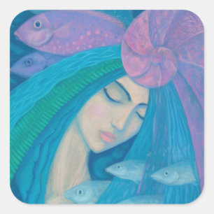 Adesivo Quadrado Princesa Sereia, Fantasia Submarina, Azul Rosa